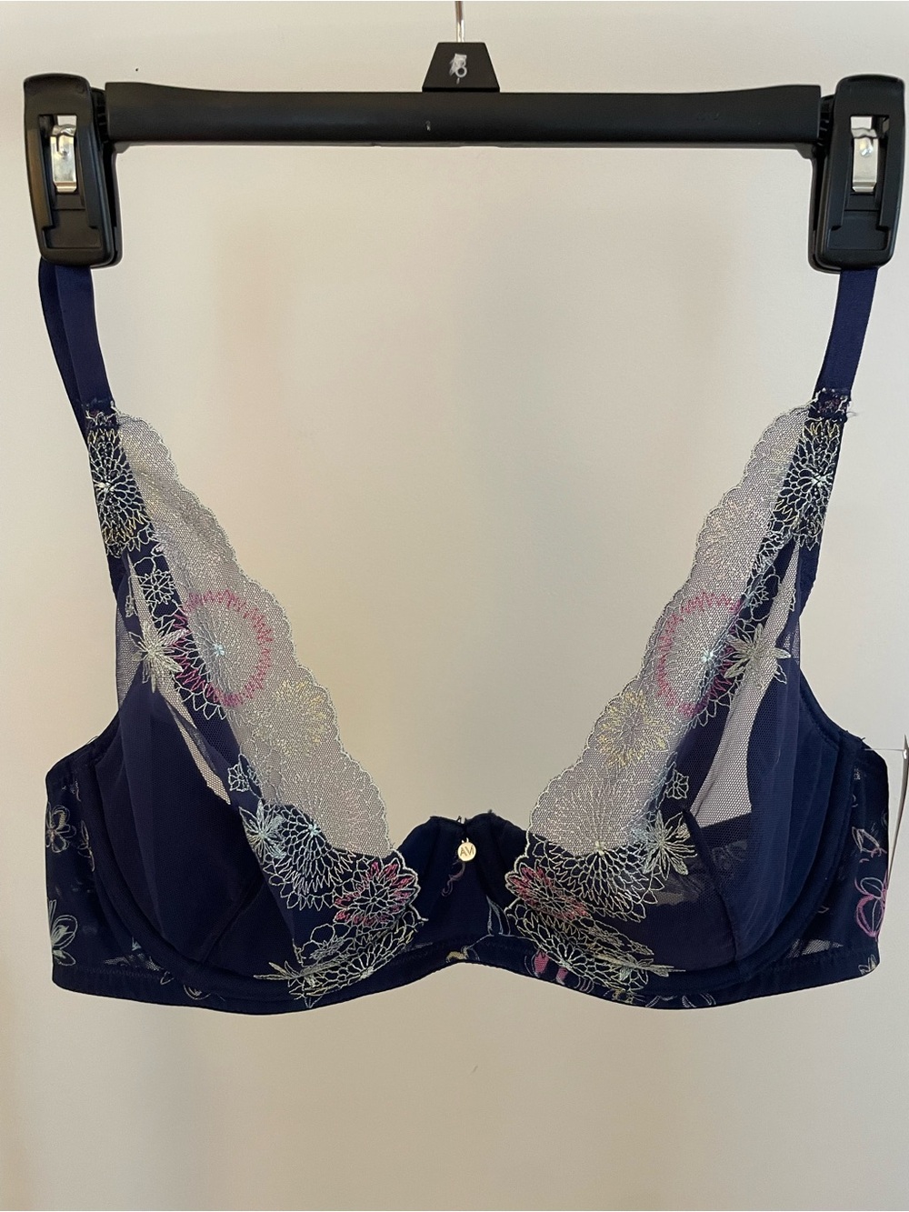 Adore Me Navy Lace Underwire Bra with Pastel Floral Embroidery